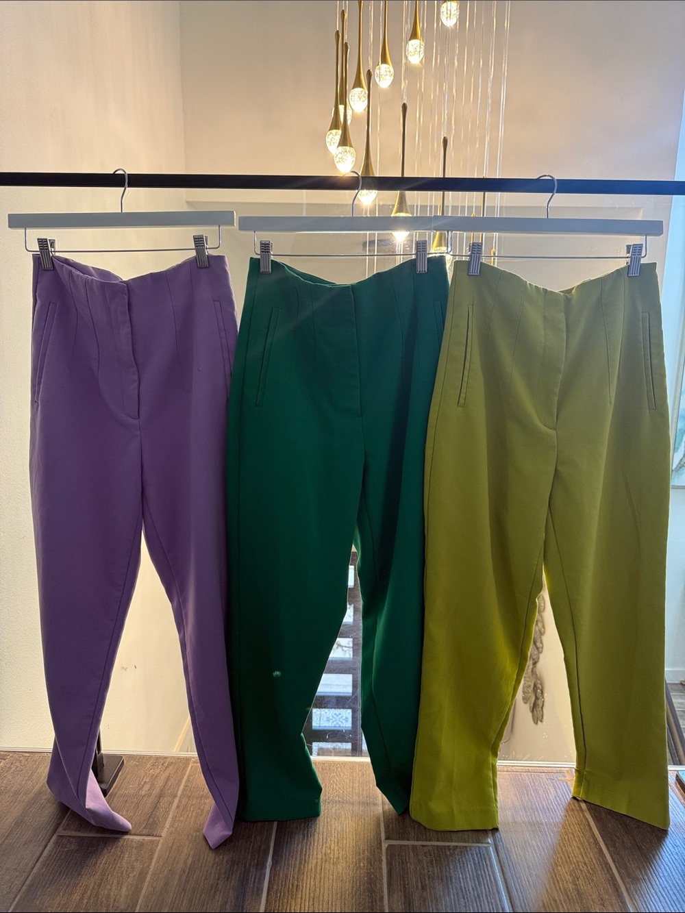 Zara Women’s High-Rise Tapered Pants in Lavender, Emerald, and Olive